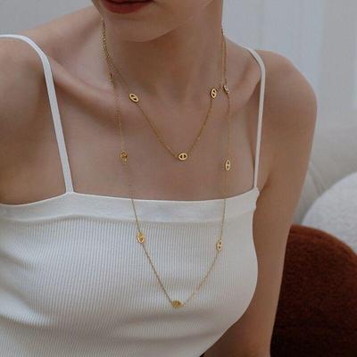120cm Gold Schweinenase Pullover Halskette: Damen Luxus Titanstahl Kette, Nicht verblassender Schlüsselbein Schmuck