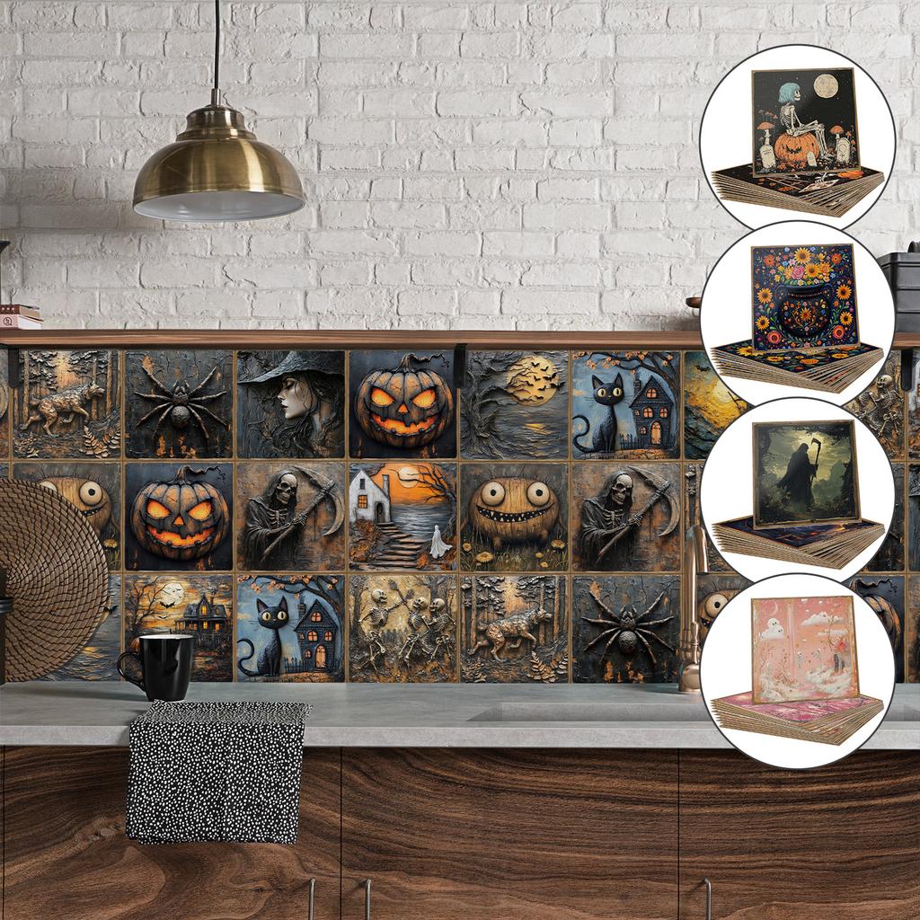24Pcs Dreamy Pink Retro Skull Tile Stickers Bathroom Kitchen Living Room Niche Halloween Theme Space Decoration Stickers