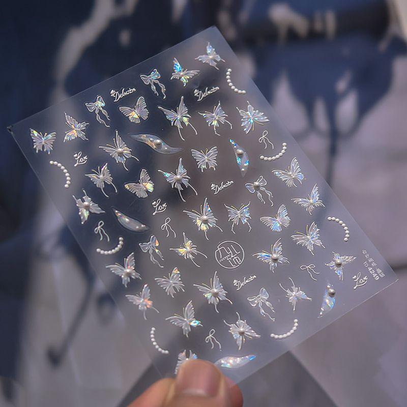 

White Yarn Pearl Butterfly Bright Crystal Nail Stickers Affordable Luxury Style Sweet Magic Color Shell Light Flash Back Glue Ornament White Gauze Butterfly TO4249 Crystal Diamond