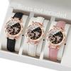 Elegant Crystal Heart Butterfly Bracelet & Leather Strap Quartz Watch with Pink Gemstone Set
