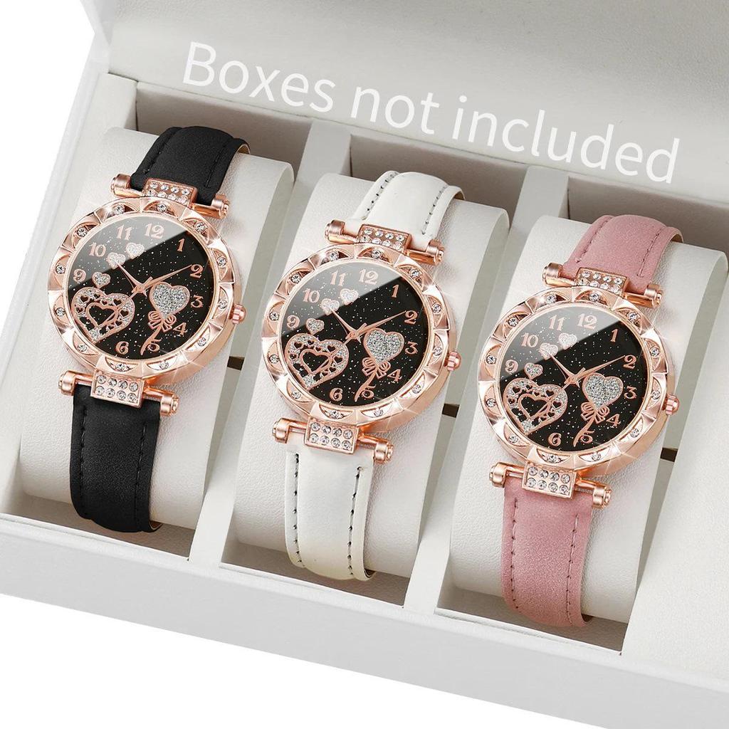 Elegant Crystal Heart Butterfly Bracelet & Leather Strap Quartz Watch with Pink Gemstone Set