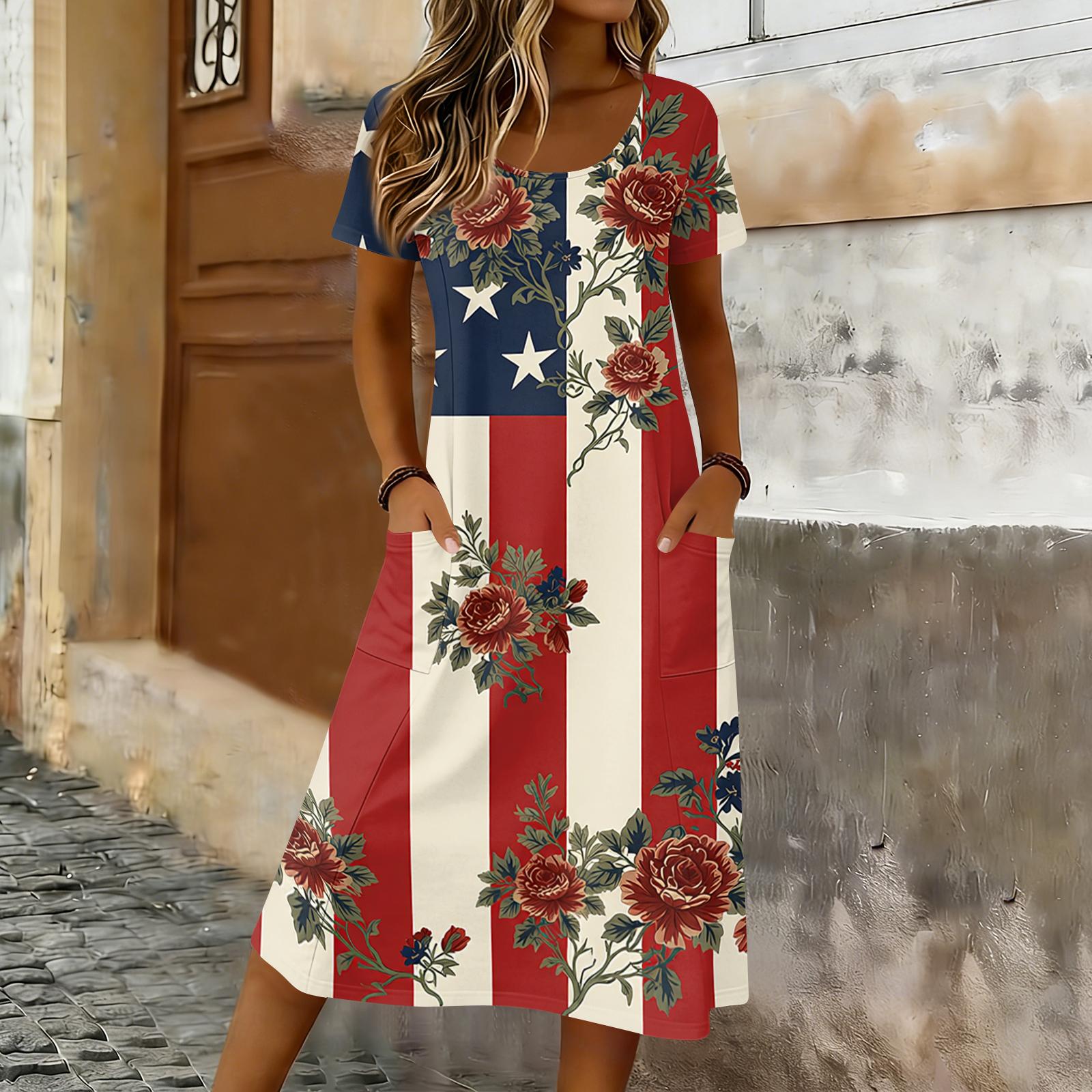

Women s Casual Loose Round-neck Short-sleeved Pocketed Mid-length Dress XL винний