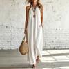 Maxi Abito in Lino con Scollo all'americana Senza Maniche, Schiena Scoperta Ampio Svasato con Tasche Vestito Estivo, Leggero Monocromatico Outfit Casual per Spiaggia Resort Vacanza Uso Quotidiano