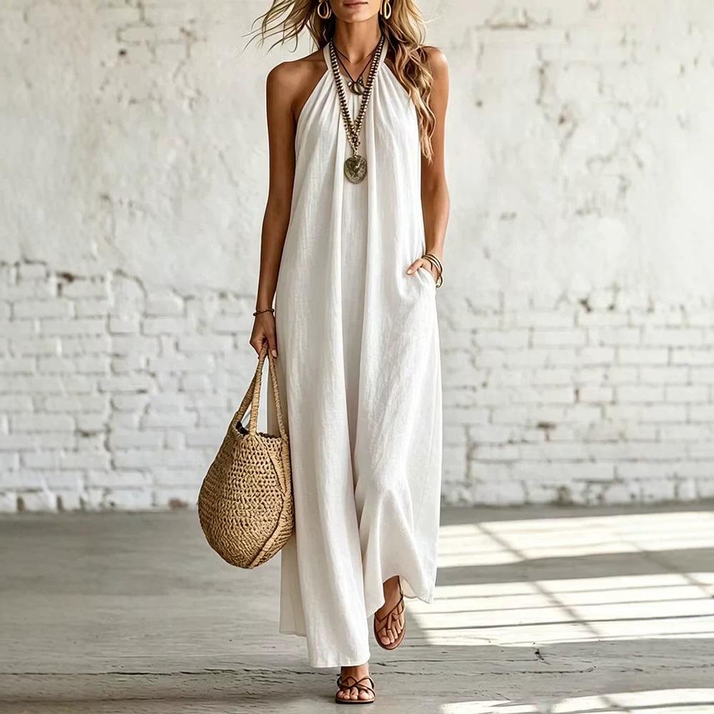 Maxi Abito in Lino con Scollo all'americana Senza Maniche, Schiena Scoperta Ampio Svasato con Tasche Vestito Estivo, Leggero Monocromatico Outfit Casual per Spiaggia Resort Vacanza Uso Quotidiano
