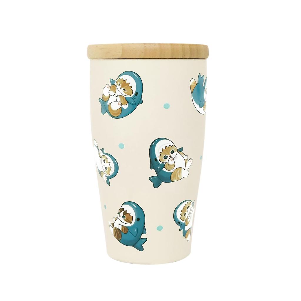 mofusand 350ml Vacuum Tumbler with Wooden Lid Office Work Desk Cup Insulates Hot or Cold Drinks Cute Cat Design Double-walled [Shark Cat] 53-2096