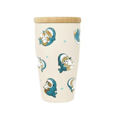Mofusand 350ml Vacuum Tumbler with Wooden Lid Office Work Desk Cup Insulates Hot or Cold Drinks Cute Cat Design Double-walled [Shark Cat] 53-2096