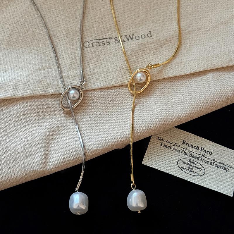 Korean ins style geometric hollow fringed pearl necklace accessories women's fashion sweater chain accessories