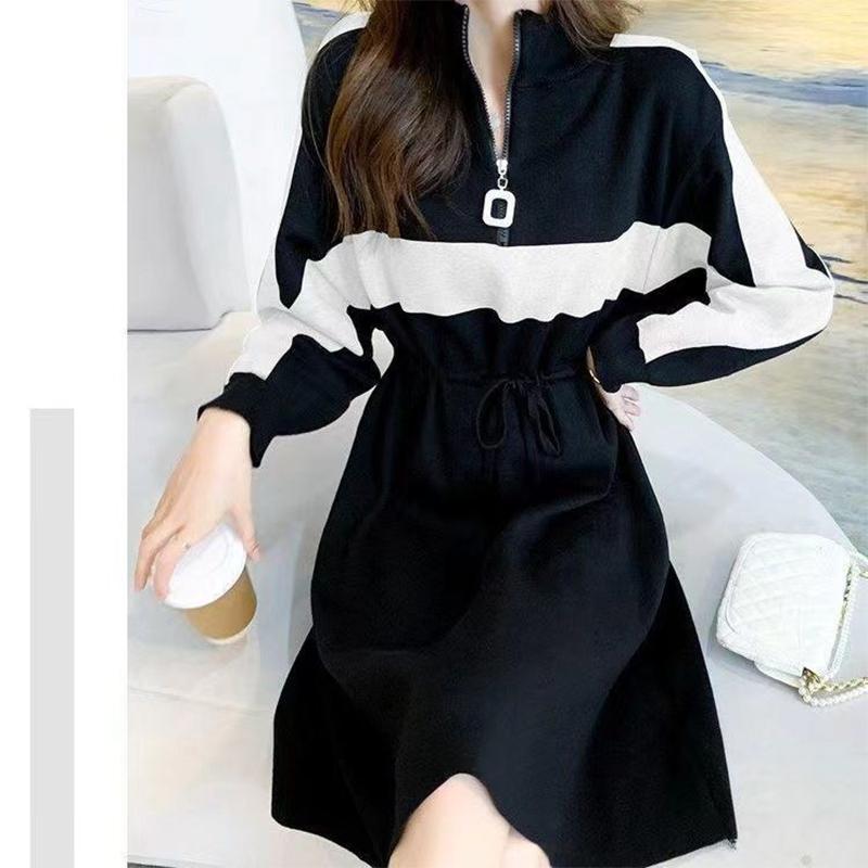 Autumn Lapel Loose Casual Patchwork Sweatshirt Dress Ladies Long Sleeve Lace Up Waist Zipper Robe Vestidos Women Dresses