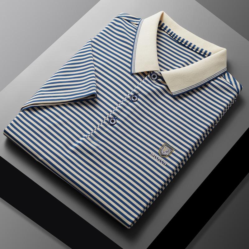 Striped Short-Sleeved Polo Shirt Men'S T-Shirt Cotton Casual Men'S Threaded Lapel Half-Sleeved Top