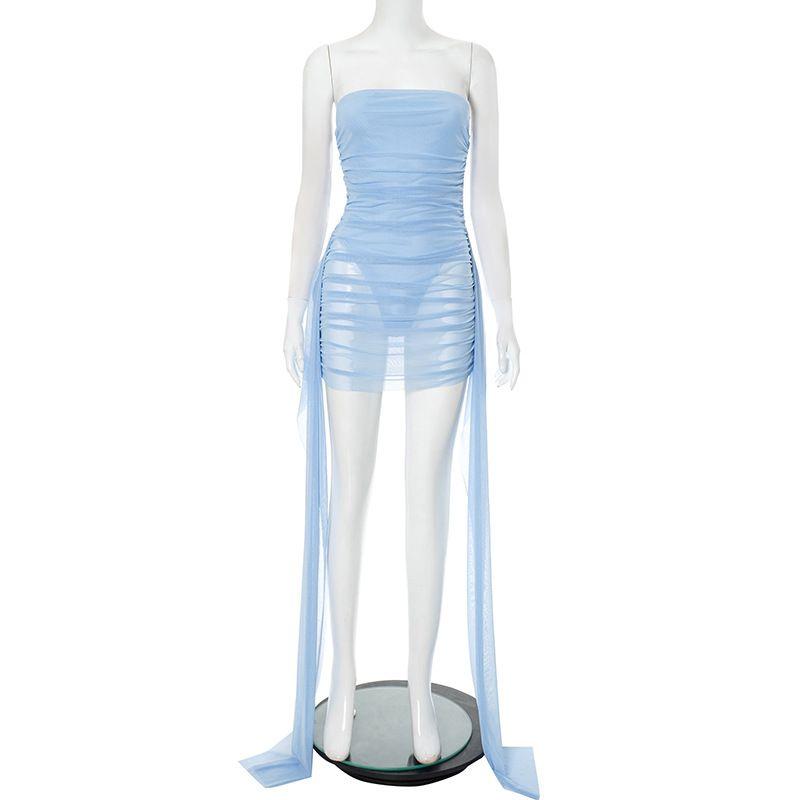 

Fashion Cross-Border New Arrival Women s Clothing Fashion Fake Two Pieces Mesh Tube Top Ribbon Pleated Tight Elegant Dress Dress Blue S