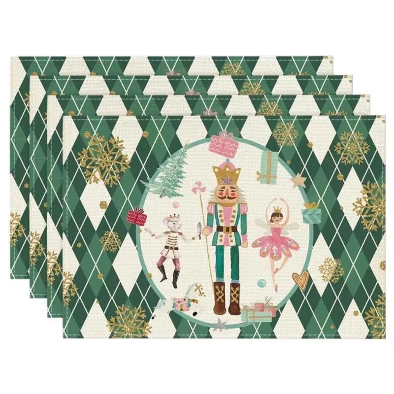 4PCS Christmas Placemats 30x45cm Linen Christmas Trees Snowflake Gnome Print Table Mats 2025 Xmas Table Pads For Home Hotel