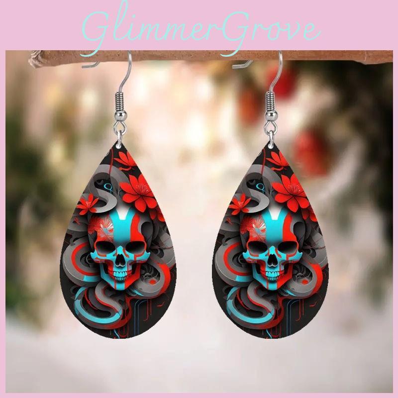 Halloween Themed Flower Skull Patterns Water Droplet Shaped Women Earrings For Women Men Summer