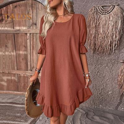 Summer Women Dress Mid Sleeves Solid Color Loose A-line Big Swing Ruffle Patchwork O Neck Pullover Knee Length Midi Dress