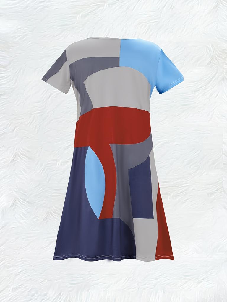 Women's Short Sleeve V Neck Dress Retro Abstract Geometric Color Block Print Summer Casual A Line Midi Dress Fashion Trendy