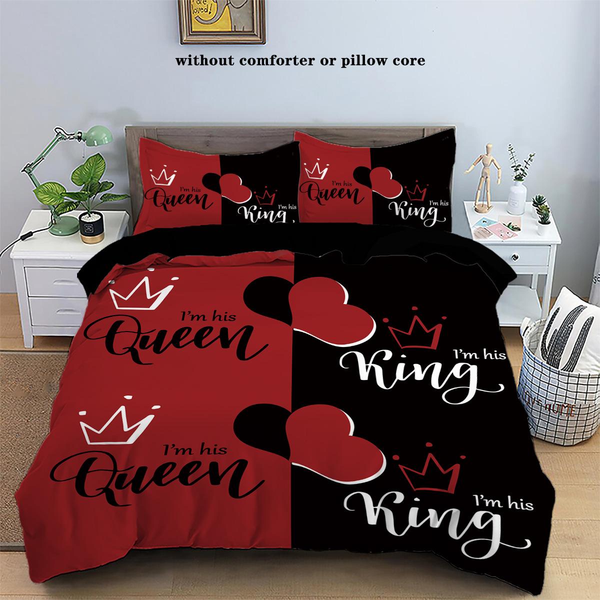

Comforter Crown & Letter Print Couple 3Pcs Valentine S Day Bedding Set Romantic Bed For Couples Luxury Set Comforter (quilt)-EU Single(135*200cm)3pcs
