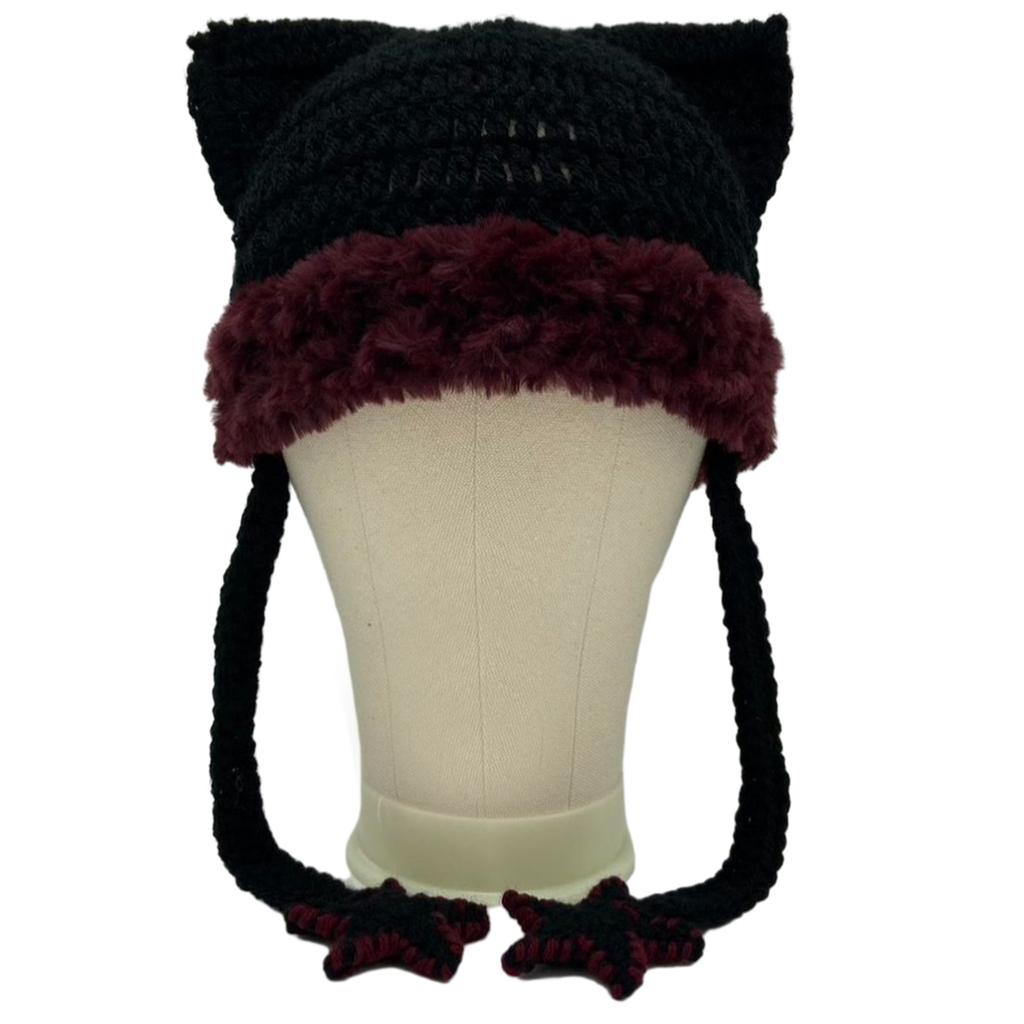 Cartoon Kitten Hat Girls Headgear for Outdoors Activities Skiing with Mini Ears Crocheted Beanie for Skiing Camping