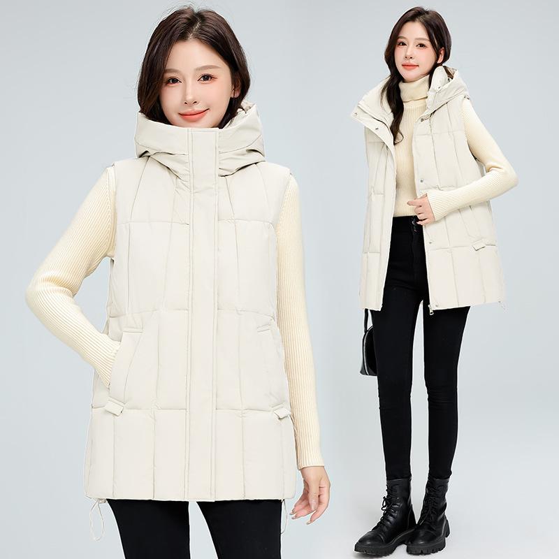 

Autumn and winter new cotton vest women s small medium and long hooded cotton vest warm outer vest M бежевый