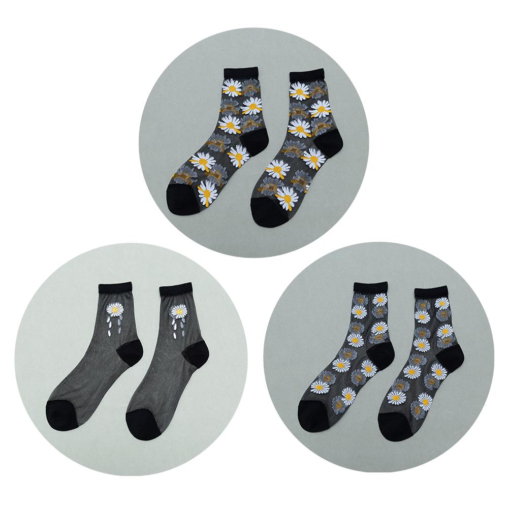 3 Pairs Of Women's Flower Socks Summer Crystal Glass Stockings Medium Short Tube Thin Transparent Daisy  Jacquard Elastic  Socks