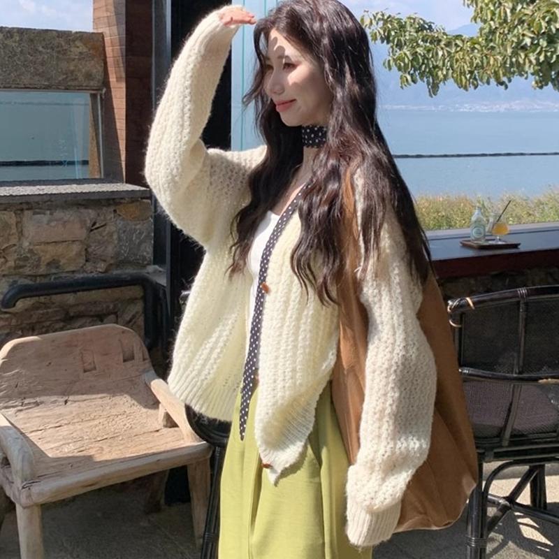 French sweet style hollow yellow women's knitted cardigan, spring and autumn new lazy fashion jacket loose7052#