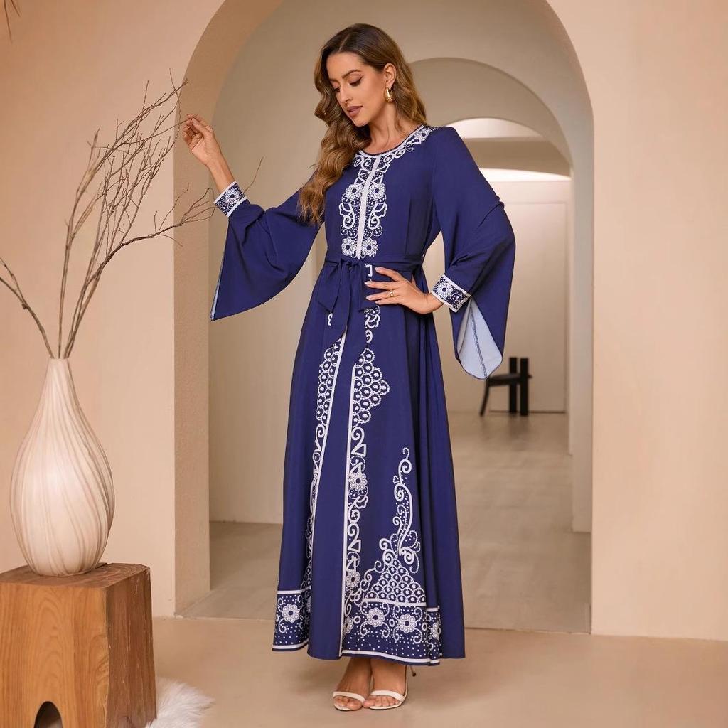 Arabic Party Bell Sleeve Digital Print Long Dress