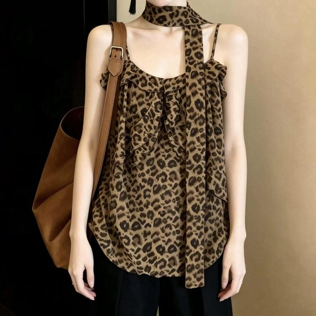 Pure desire style retro leopard print sling vest women's clothing summer new design hot girl streamer lazy beautiful top