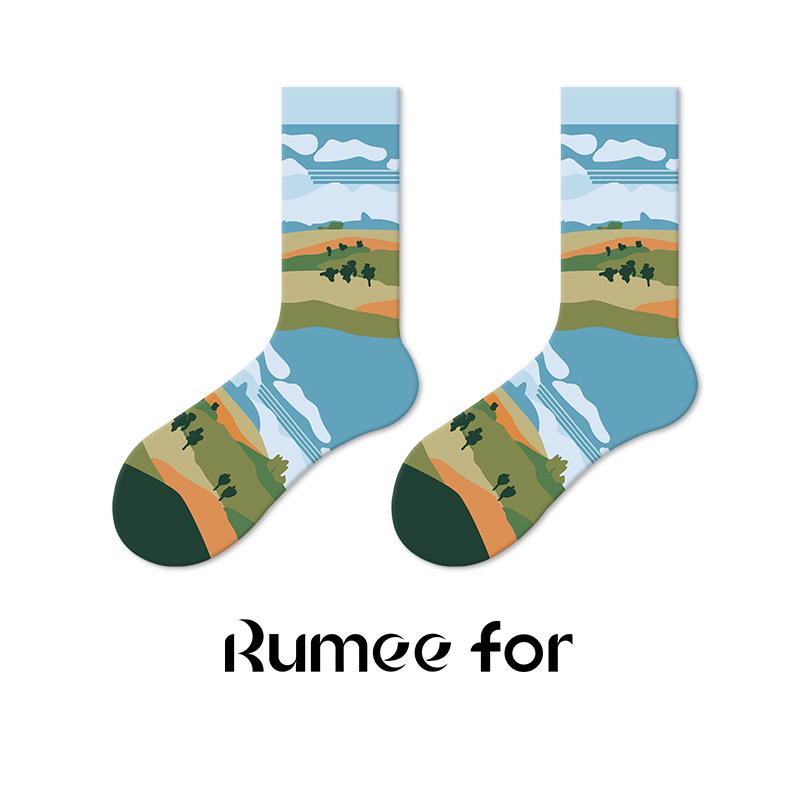 Women's Retro Oil Painting Mid-Calf Socks - 2025 Autumn Cotton Trend, Boneless Design for Couples