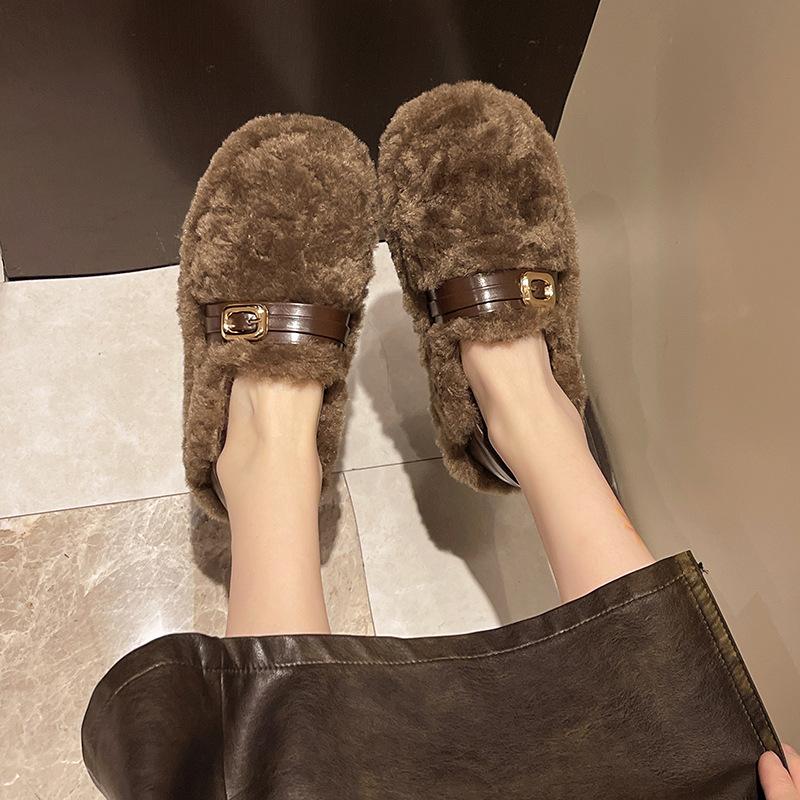 Thick-soled inner height-increasing fluffy shoes for women's outer wear 2025 new winter snow boots one-pedal evening shoes plush cotton shoes