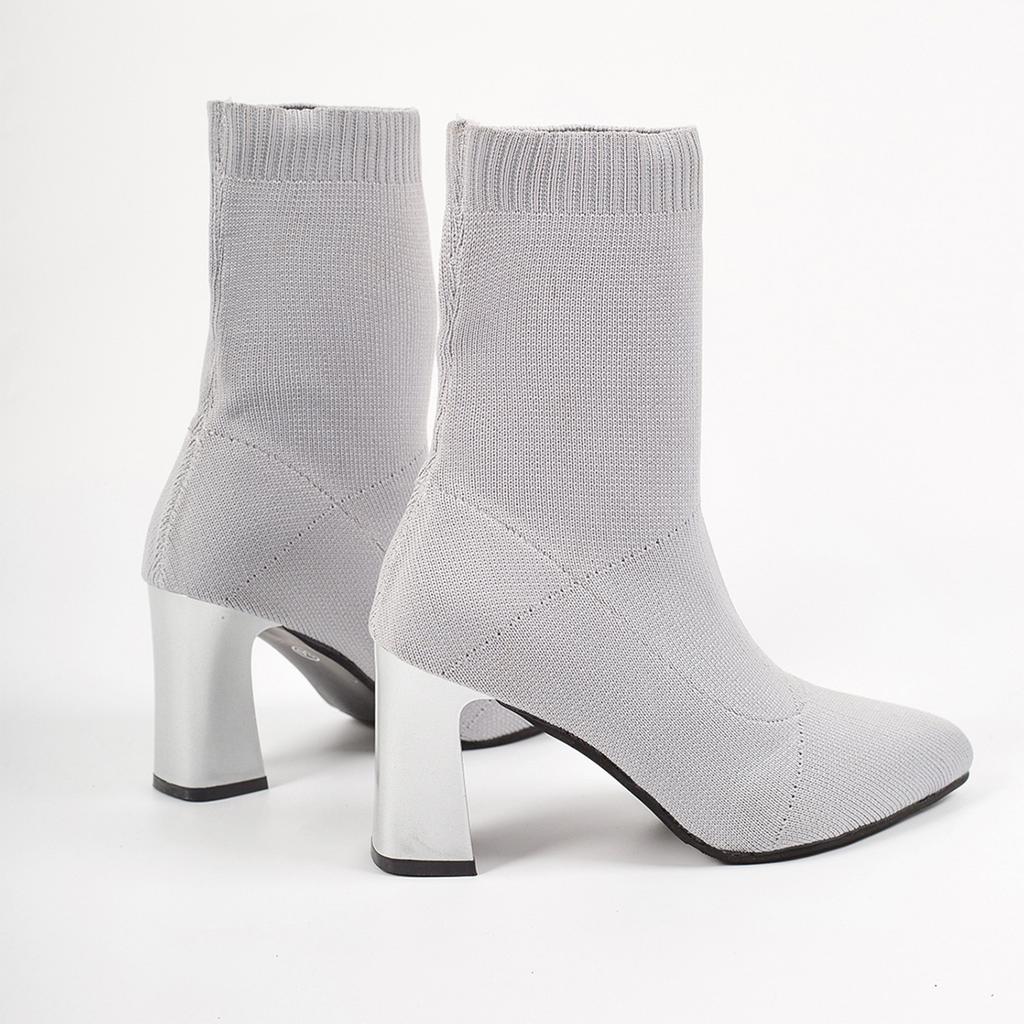 Women's Pointed Toe Stretch Knit Sock Boots, Mid-Calf High Heel Boots for Fall and Winter