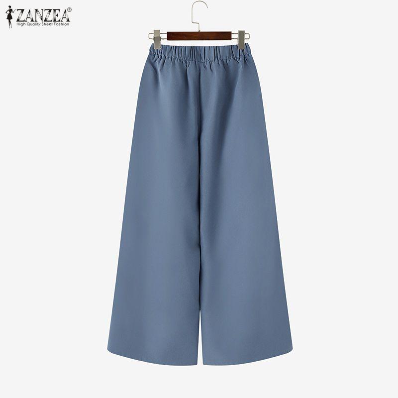ZANZEA Women Casual Elastic Waist Solid Color Loose Long Pants