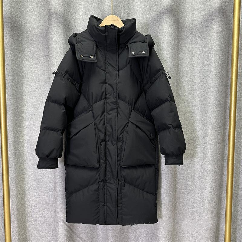 Damen Winter Herbst Kapuzenjacke Weiße Entendaunenjacke Mantel Locker Lang Einfarbig Große Tasche Abnehmbarer Hut Daunenmantel
