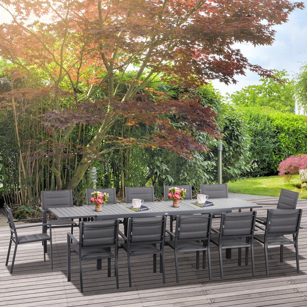 Garden Furniture Set in Aluminium and Textilene Extendable Table 8/12 People 12 Stackable Chairs Grey