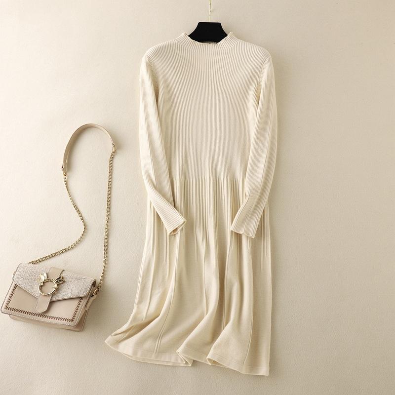 

Женщины с круглым вырезом и длинным рукавом сплошной цвет плиссированные вязаные осенне-зимние повседневные платья-свитера OneSize абрикосовый