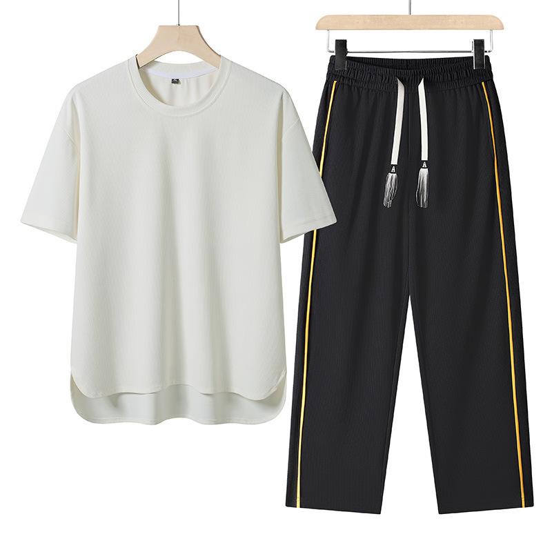 

Летний мужской спортивно-повседневный комплект Корейская версия Свободный круглый вырез Дышащий Быстросохнущий Спортивный комплект из двух предметов S