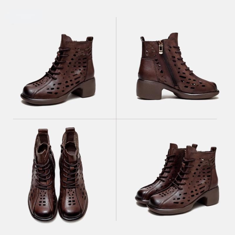 Johnature Stivali traspiranti scavati estivi Sandali con punta tonda retrò in vera pelle Scarpe con tacco medio da donna