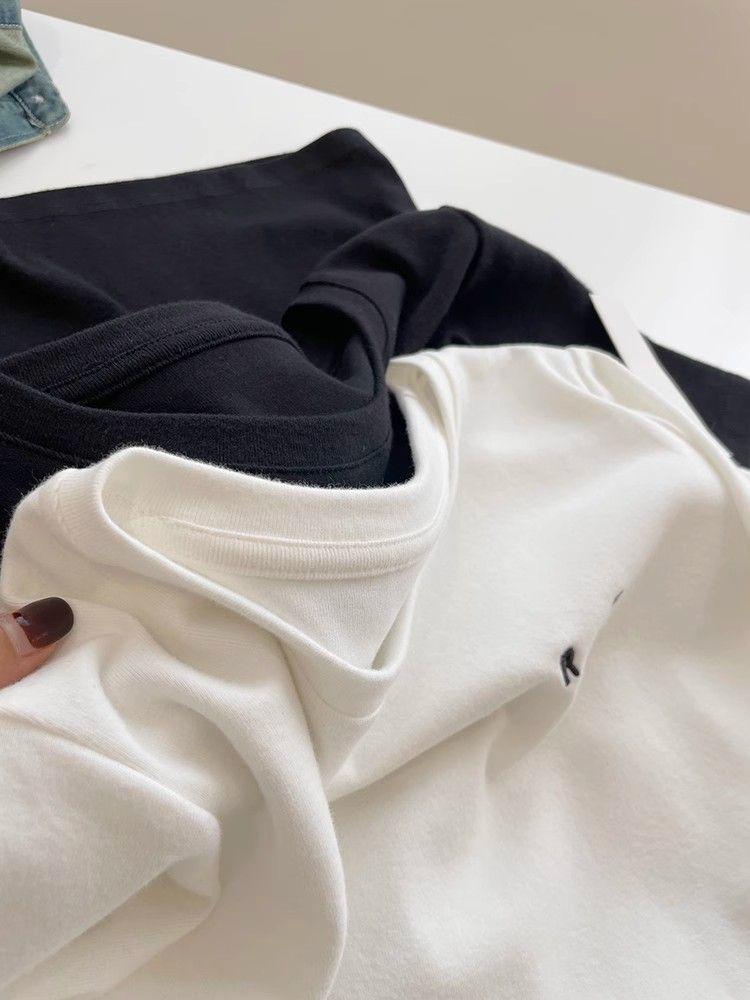 Women's Trendy Short-Sleeve Embroidered T-Shirt - Brushed, Slim Fit, Solid Color Round Neck Tee for Autumn