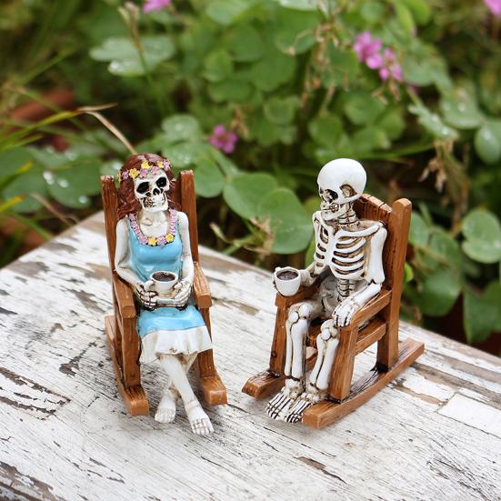 Skeleton Couple Figurine Resin Male And Female Skeleton Ornament Skeleton On Rocking