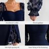 Damen Elegantes Quadratischer Ausschnitt Blasenärmel Langarm Mesh-Einsatz Jacquard Maxikleid 3D Schlankmachend A-Linie Schwingend Langkleid