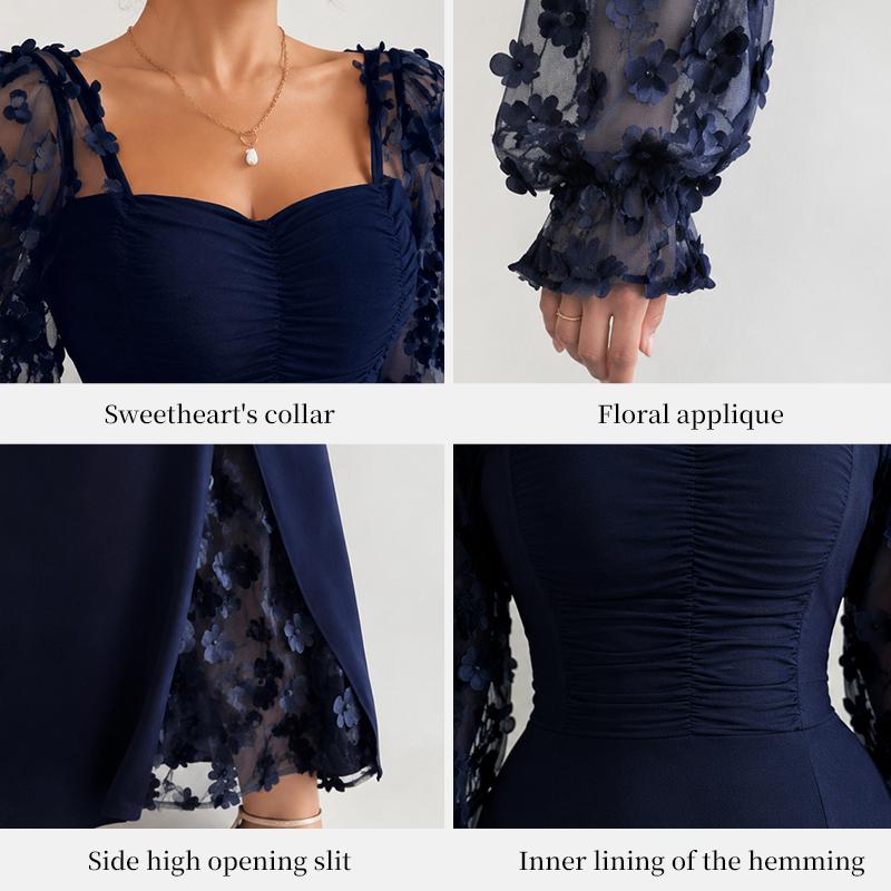 Damen Elegantes Quadratischer Ausschnitt Blasenärmel Langarm Mesh-Einsatz Jacquard Maxikleid 3D Schlankmachend A-Linie Schwingend Langkleid