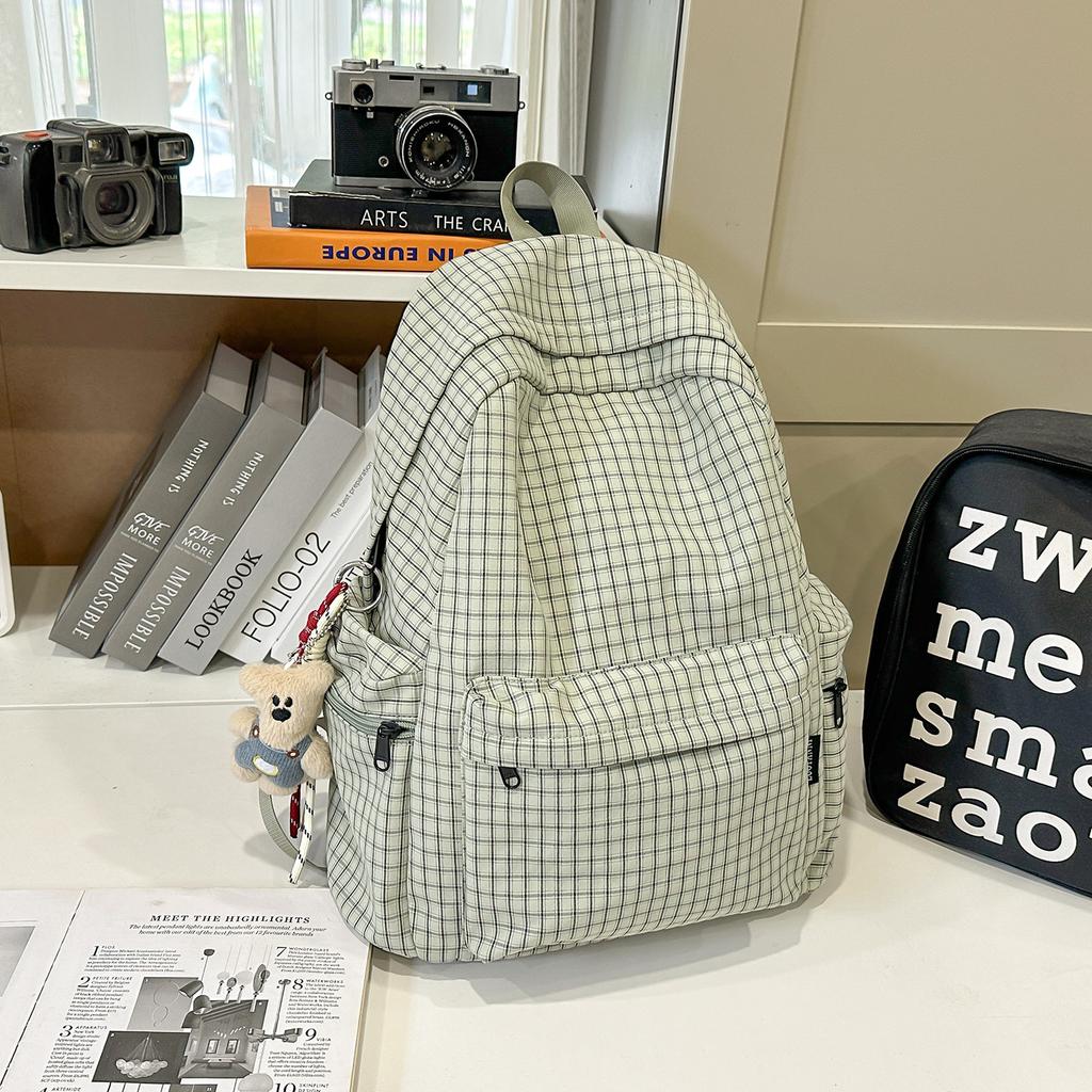 Schoolbag for Women, Korean Style INS Minimalist Plaid Backpack, Large Capacity Leisure Travel Backpack for Middle and High School Students