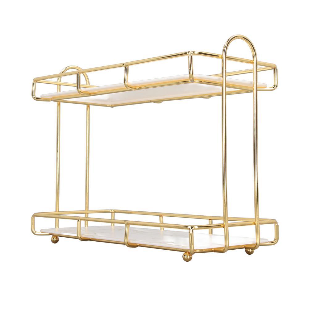 2 Tier Bathroom Shelf Countertop Standing Shelf with Partition Cosmetic Storage Rack Holder Gold Small 31x23cm