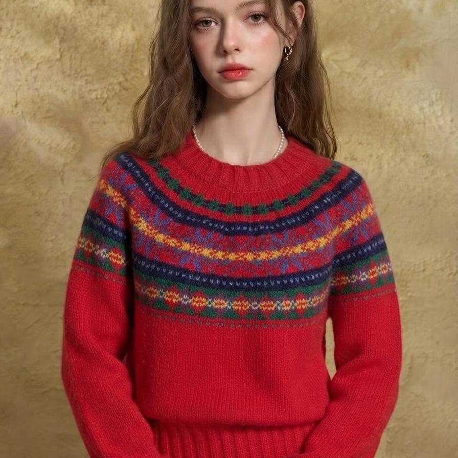 Retro Red Fair Isle Round Neck Knit Sweater - Autumn Winter Lazy Style