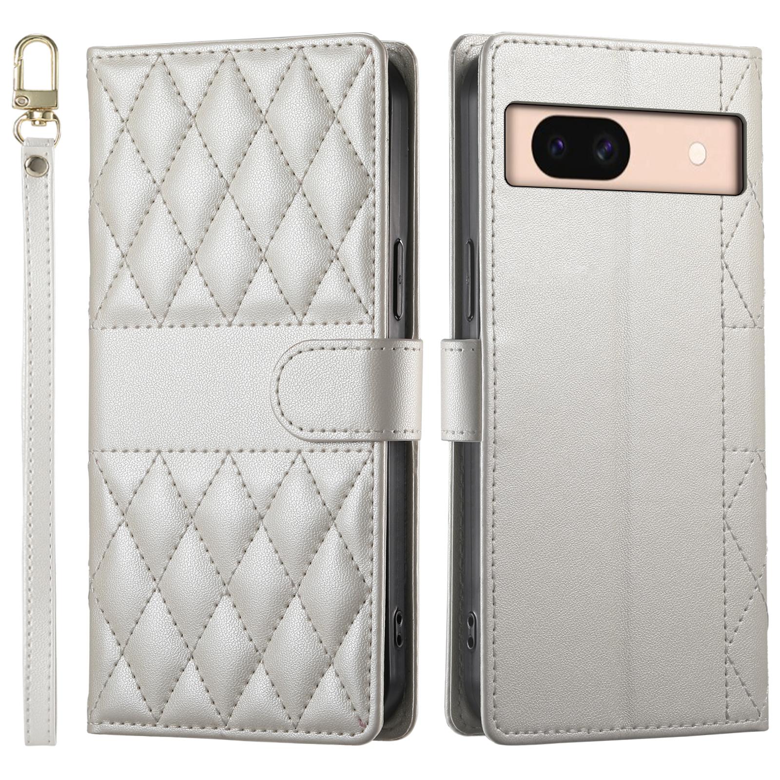 

For Google Pixel 8a Case Rhombus Stitching Wallet Stand Leather Phone Cover with Long/Short Strap Beige