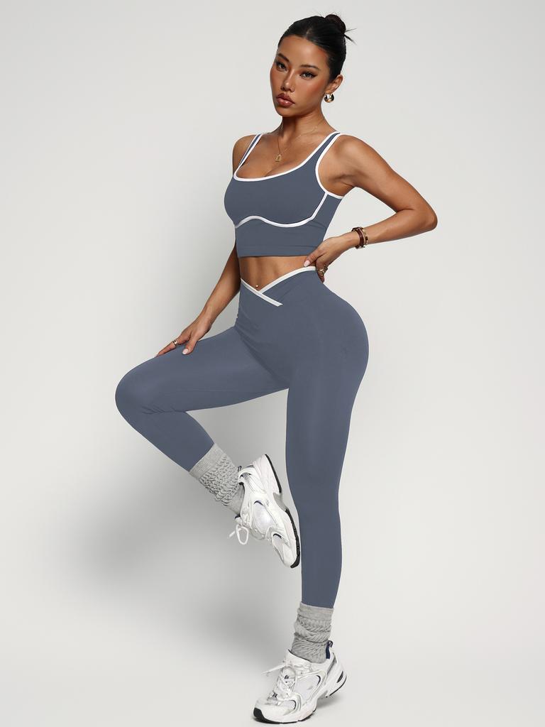Women Black White Color Block Sports Bra High Waist Leggings Workout Set Activewear Yoga Set