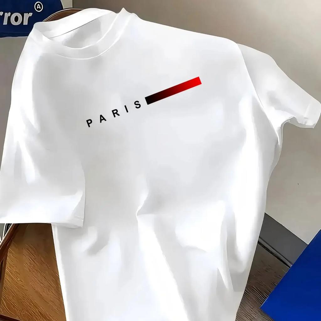Unisexs Short Sleeve Crew Neck TShirt Stylish PARIS Letter Print With Red Black Gradient Strip Graphic Casual Soft Fabric Daily