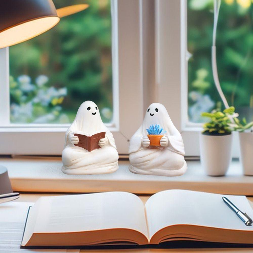 2pcs Cute Halloween Ghost Ornaments Cartoon Ghost Sculpture Reading Ghost Statue  Office
