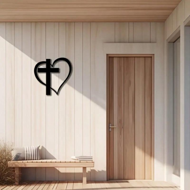 Christian Metal Wall Art Black Heart Cross Design Easy Install Church Home Office Decor
