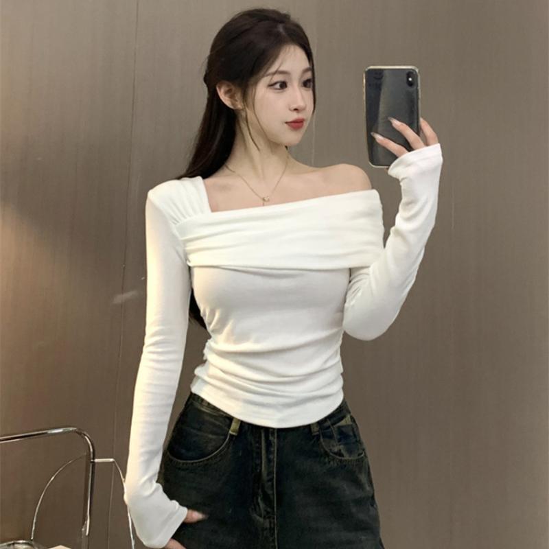 Slant Neck Off-the-shoulder T-shirt Women's Korean Version Slim-fitting and Thin Pleated Long-sleeved Top