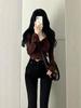 Pure Desire Square Neck Ruched Flare Sleeve Cropped Top - Slimming Long Sleeve for Women, Autumn Winter Trend.