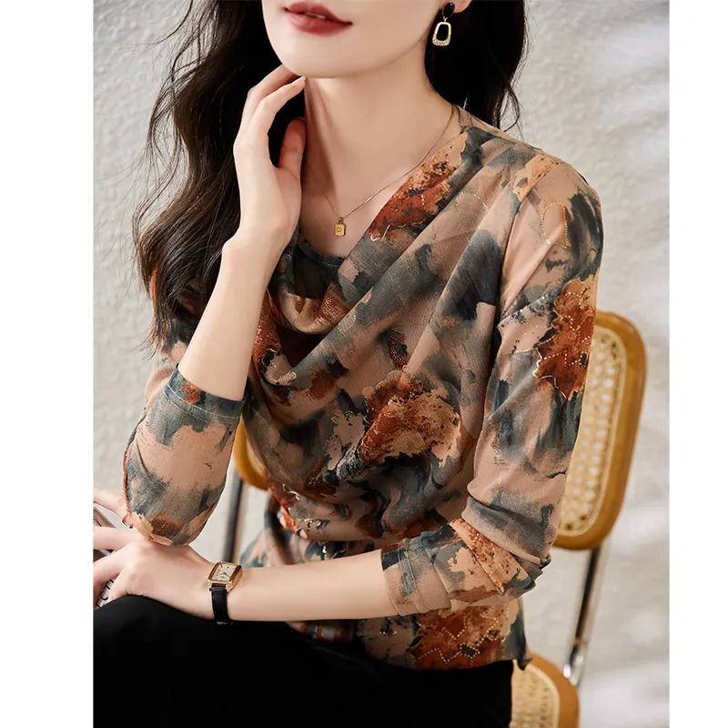 Women's Abstract Watercolor Print Mesh Top Cowl Neck Long Sleeves Slim Fit Casual Blouse