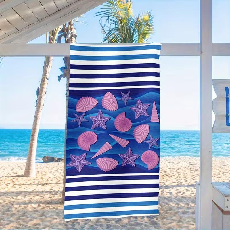 Blue White Striped Pink Seashell Starfish Ocean Wave Beach Towel Quick Dry Sand Free Nautical Towel Tropical Beach Holiday